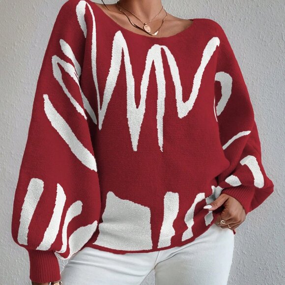 burgundy redCasual Women's Striped graphic Batwing Sleeve Loose Pullover Sweater - Picture 5 of 7